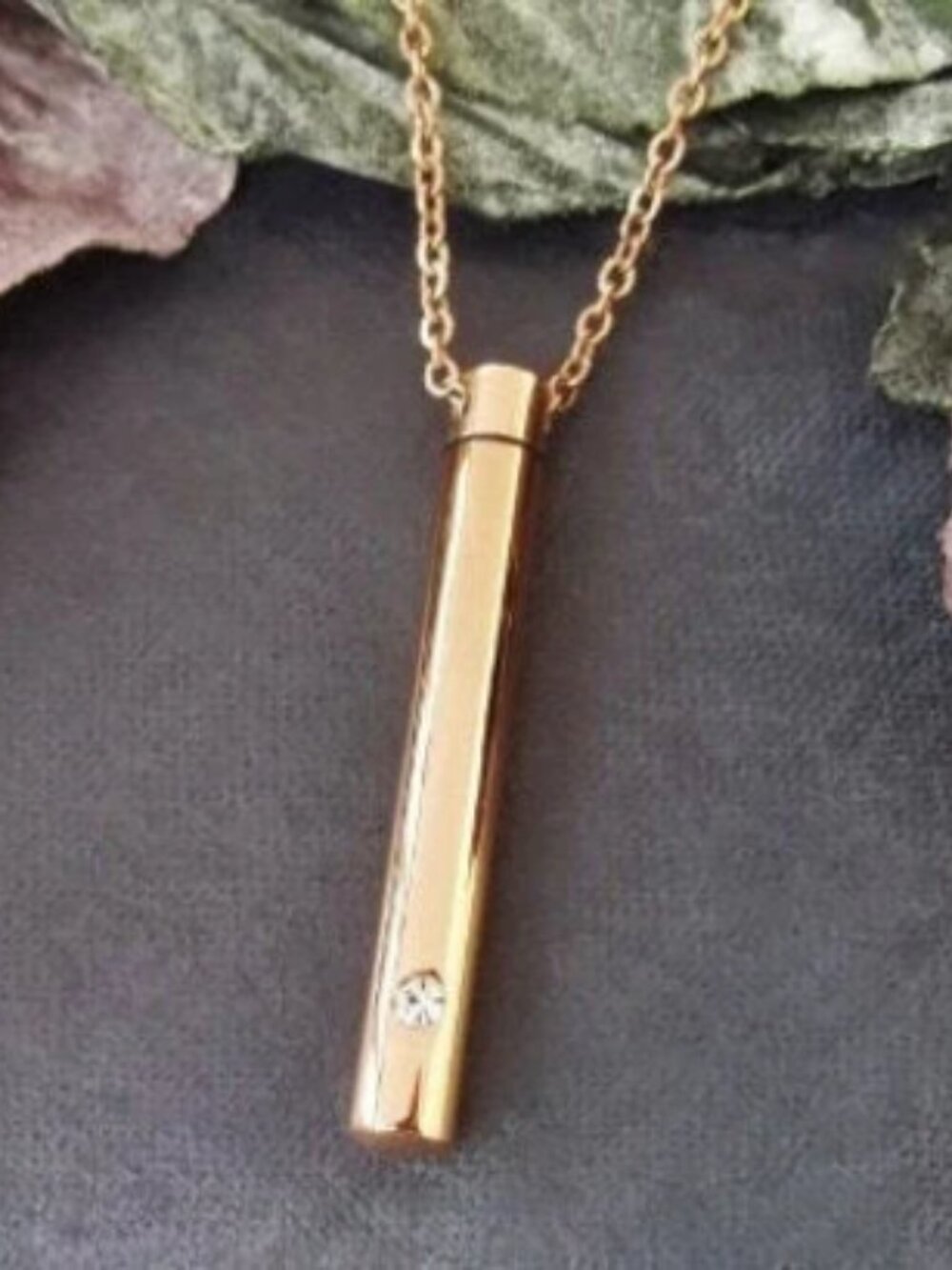 ROSE GOLD Necklace Stainless Steel Cylinder Capsule Vial Pendant Crystal Gem